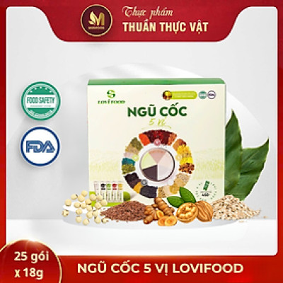 Ngũ Cốc 5 Vị LoviFood Hộp 480g (25 gói x 18g) - Thực Phẩm Bổ Sung Dinh Dưỡng Cho Mẹ Bầu, Sau Sinh, Người Già, Người Tiểu Đường, Ăn Chay, Ăn Kiêng, Eat Clean, Healthy, Tốt Cho Tim Mạch, Giúp Ngủ Ngon Hơn