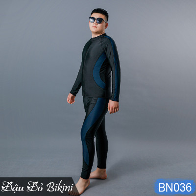 Đồ bơi nam cỡ đại đến 130kg, quần áo tắm big size cho người béo mập, áo dài tay khoá kéo & quần dài chống nắng, chất thun bơi lạnh Hàn co giãn đa chiều | BN036