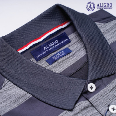 Áo thun polo nam cộc tay kẻ ngang màu xám aligro ALGPLO58