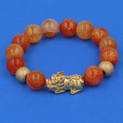 Vòng tay Đá Vân Rồng Cam 12 ly - cẩn Tỳ Hưu Phong Thủy inox vàng VVRCTHHBV12 - hợp mệnh Hỏa, mệnh Thổ