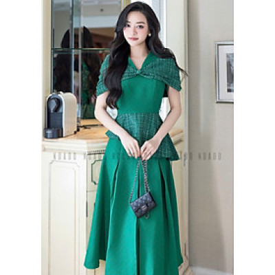 Set áo váy xanh lá tay phối nơ NGADO , đầm dự tiệc , đầm thiết kế