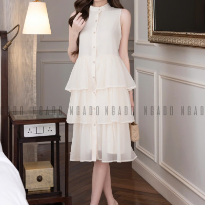 Đầm babydoll kem vàng cổ trụ NGADO , đầm babydoll , đầm Nữ