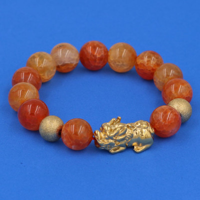 Vòng tay Đá Vân Rồng Cam 12 ly - cẩn Tỳ Hưu Phong Thủy inox vàng VVRCTHHBV12 - hợp mệnh Hỏa, mệnh Thổ