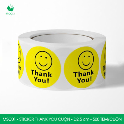 MSC01 - D2.5 cm - 1 Cuộn 500 sticker thank you tròn, nhãn dán thank you, tem dán cảm ơn