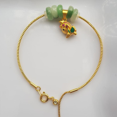 Vòng Tay charm xinh đẹp 5 đồng tiền đá cẩm thạch tự nhiên Đồng tiền Xanh ngọc trắng phối charm chú dê nhỏ may mắn Vòng màu vàng khoen rút xinh Nữ đeo dễ thương ạ