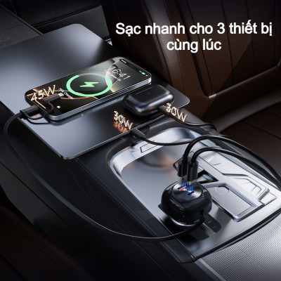 Tẩu sạc nhanh trên ô tô 75W Choetech TC0036 tích hợp cáp sạc rút Type C kèm đầu nối IP - Hàng chính hãng