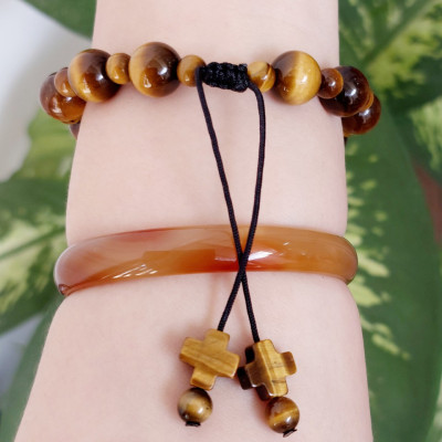 Vòng tay chuỗi mân côi thời trang đá mắt hổ vàng nâu cho Nam và Nữ