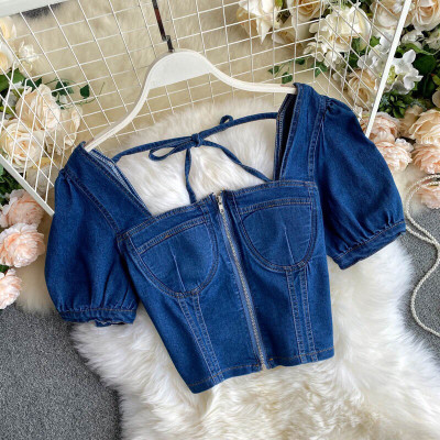 Áo denim croptop cổ vuông phong cách gợi cảm cho nữ