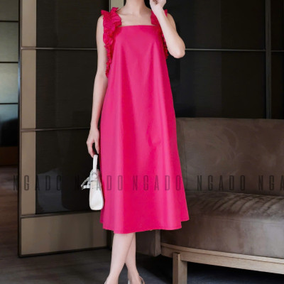 Đầm hồng sen nhún vai NGADO , đầm suông , đầm dài
