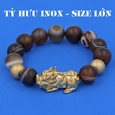 Vòng chuỗi đeo tay mã não nâu sọc mờ 14 ly ( size lớn ) charm tỳ hưu và bi inox vàng, vòng tay chuỗi hạt
