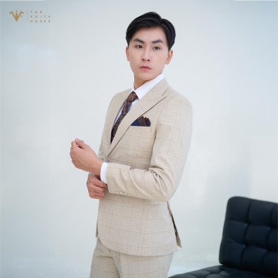 [CLASSY 2] Nguyên bộ suits 2 mảnh VÀNG BE KẺ Ô ĐẬM 2 KHUY 3 TÚI, chất vải Wool - Nobility cao cấp