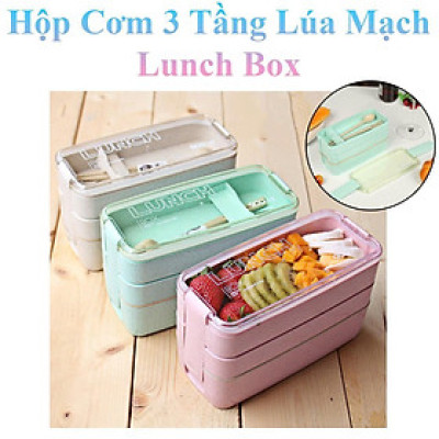 Hộp Cơm 3 Tầng Lúa Mạch Lunch Box + Tặng Kèm Muỗng, Nĩa