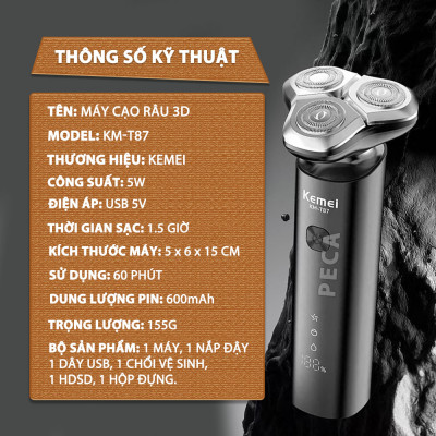 Máy cạo râu khô và ướt KEMEI KM-T87 chống thấm nước IPX7 công suất 5W sạc USB - Chính hãng