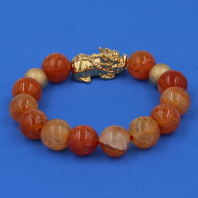 Vòng tay Đá Vân Rồng Cam 12 ly - cẩn Tỳ Hưu Phong Thủy inox vàng VVRCTHHBV12 - hợp mệnh Hỏa, mệnh Thổ