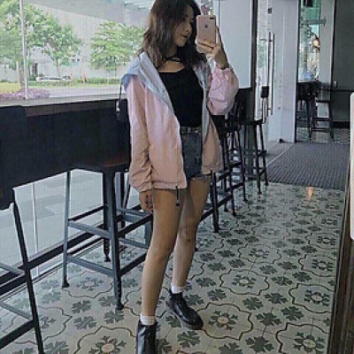  Áo khoác nữ dù 2 lớp phối sọc tay có nón dễ thương - M092