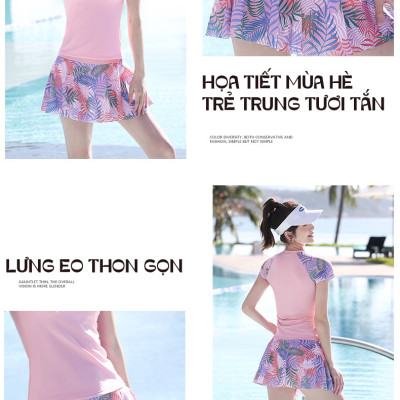 Bộ bơi nữ 2 mảnh dáng áo bơi thun tay ngắn & quần váy đùi nữ tính, phong cách trẻ trung, chất thun bơi lạnh đẹp, co giãn tốt, mịn mát, có size lớn | KT604