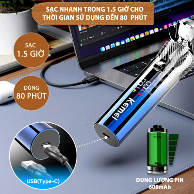 Máy cạo râu khô và ướt KEMEI KM-T86 chống thấm nước IPX6 công suất 8W sạc USB nhanh 1.5 giờ - Chính hãng
