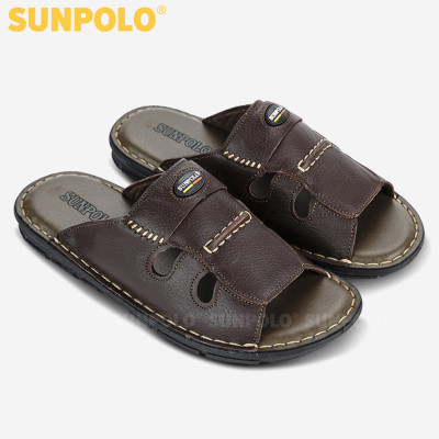 Dép nam quai ngang da bò SUNPOLO AQN005 phiên bản nâu