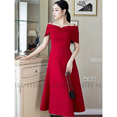 Đầm đỏ bẹt vai NGADO , đầm xòe dáng dài , đầm dự tiệc