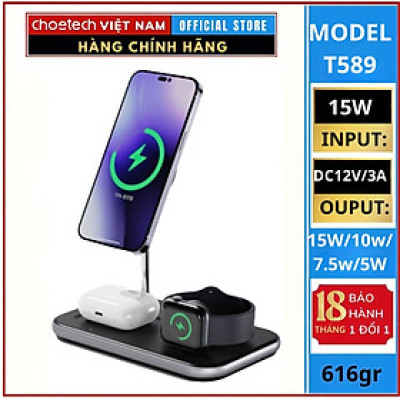 Bộ đế sạc CHOETECH T589-F Mag-Safe 3 in 1 có chứng nhận MFI (Hàng chính hãng)