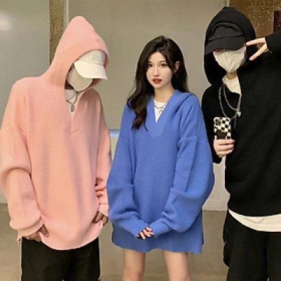 Áo len có mũ dáng dài oversize màu hồng