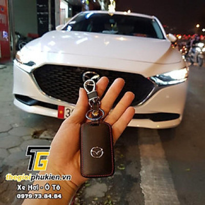 Bao da bảo vệ chìa khóa xe Mazda 3 2020 kèm móc đeo Inox