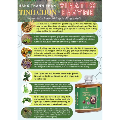 Nước uống Vinatto Enzyme - Bảo vệ sức khỏe tim mạch, giảm cholesterol - Hộp 250ml