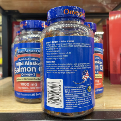 Viên Uống Bổ Sung Sáng Mắt , Khỏe Xương, Tăng Hệ Miễn Dịch Dầu Cá Dầu Cá hồi Pure Alaska Omega-3 Wild Salmon Oil 1000mg  - Hàng nhập Mỹ