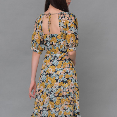 Đầm Voan Nữ Cổ Vuông, Họa Tiết Hoa Vàng Cổ Điển Maxivic, La Mộc LM62122