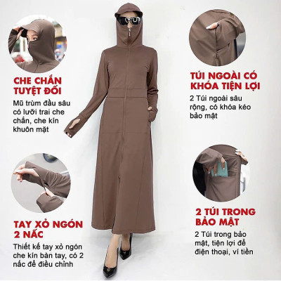Áo khoác chống nắng nữ toàn thân 2 lớp cao cấp mũ trùm đầu tay xỏ ngón UPF50+ Size XL 53-66kg Vải Umi Cotton Co Dãn 4 Chiều Dày Dặn Làm Mát | Thời Trang | Đa Dụng