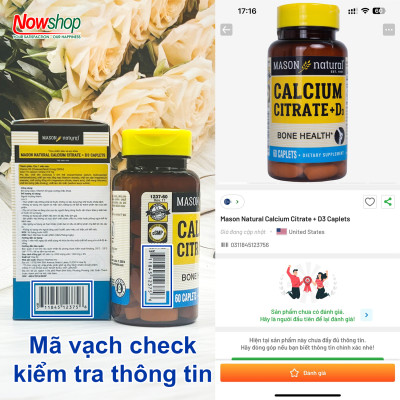 Calcium Citrate + D3 Mason Natural Hộp 60 viên canxi hữu cơ tăng chiều cao chắc xương không sỏi thận
