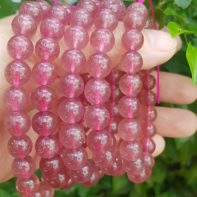 Vòng tay đá Thạch anh dâu hồng tự nhiên Size hạt 9mm xinh xắn hợp Nữ mệnh hỏa mệnh thổ đeo may mắn tài lộc trẻ trung xinh xắn tay ạ