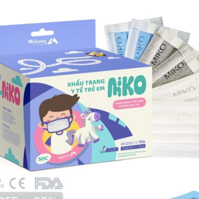 1 Kiện 50 hộp khẩu trang trẻ em MIKO cao cấp, có dây đeo mềm không đau tai.