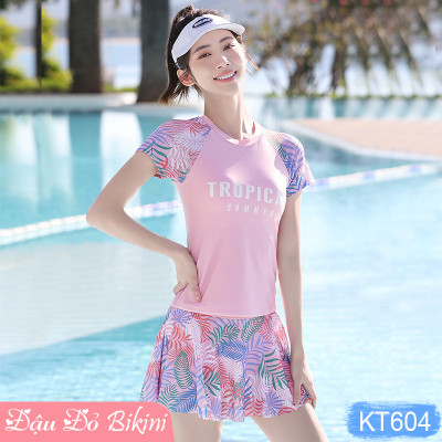 Bộ bơi nữ 2 mảnh dáng áo bơi thun tay ngắn & quần váy đùi nữ tính, phong cách trẻ trung, chất thun bơi lạnh đẹp, co giãn tốt, mịn mát, có size lớn | KT604