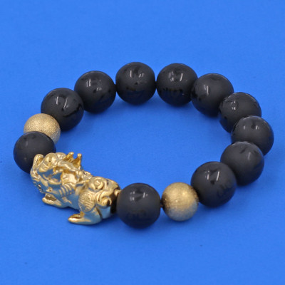 Vòng chuỗi đeo tay đá thạch anh đen mờ khắc lục tự chân ngôn 14 ly ( size lớn ) charm tỳ hưu và bi inox vàng, vòng tay chuỗi hạt