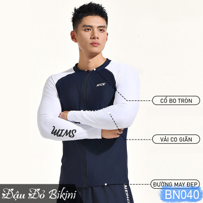 Áo bơi nam dài tay chống nắng cao cấp, thun bơi lạnh chuẩn đẹp co giãn cao mịn mát, khóa kéo mượt mà dễ mặc, có size lớn đến 90kg | BN040