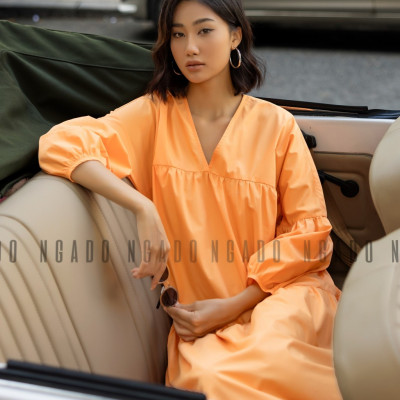 Đầm babydoll cam dài tay NGADO , đầm nữ , Đầm suông , Đầm phom rộng
