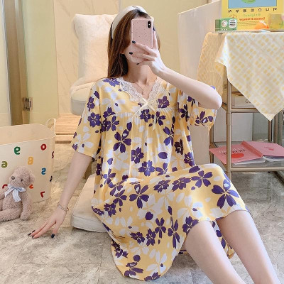 Váy/đầm nữ cộc tay cổ V phối ren vải lanh thoáng mát, dáng suông dài nhiều họa tiết freesize 45 - 65 kg