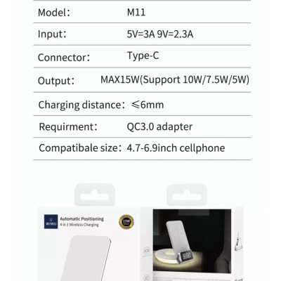 Sạc Wiwu Automatic Positioning 4in1 M11 Cho Iphone, Airpods, Apple Watch hỗ trợ sạc nhanh không dây, sạc có đồng hồ hiện thị giờ - Hàng chính hãng