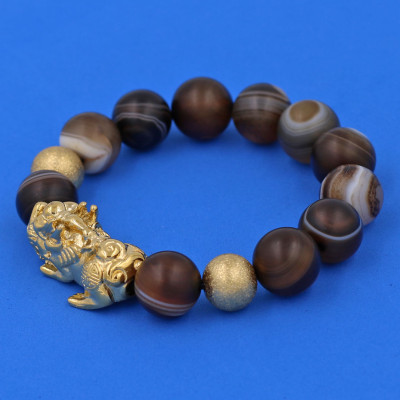 Vòng chuỗi đeo tay mã não nâu sọc mờ 14 ly ( size lớn ) charm tỳ hưu và bi inox vàng, vòng tay chuỗi hạt