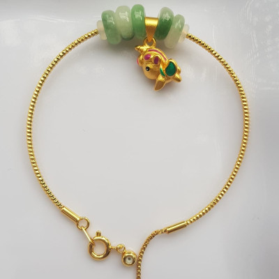 Vòng Tay charm xinh đẹp 5 đồng tiền đá cẩm thạch tự nhiên Đồng tiền Xanh ngọc trắng phối charm chú dê nhỏ may mắn Vòng màu vàng khoen rút xinh Nữ đeo dễ thương ạ