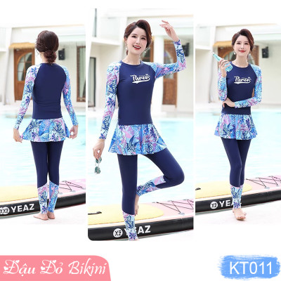 Bộ đồ bơi trung tuổi kín chống nắng, áo bơi dài tay cho mẹ và bà, quần dài mix cùng chân váy rời tránh lộ bụng, chất đẹp | KT011