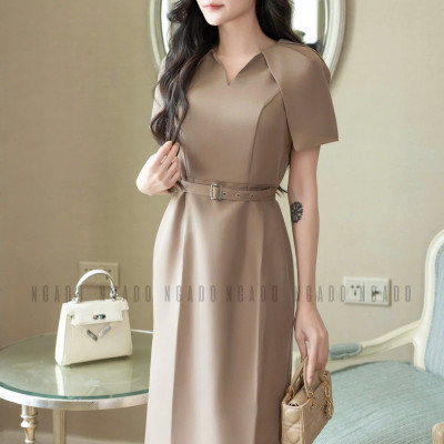 Đầm nâu tay xếp ly NGADO , đầm công sở , đầm dự tiệc