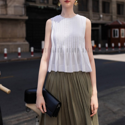 Set áo váy trắng xếp ly NGADO , set áo kèm váy , set áo váy kiểu Nữ