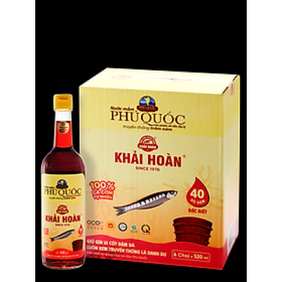 Đặc Sản Phú Quốc - Hộp 6 Chai Thủy Tinh Nước Mắm Phú Quốc Khải Hoàn 40 Độ Đạm (520Ml X 6) - Ocop 5 Sao