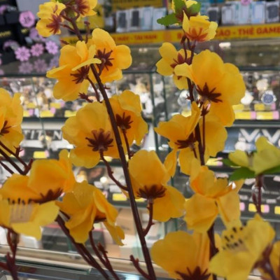 Cành hoa đào, hoa mai giả cành 5 nhánh nhỏ trang trí tết - Cây giả, hoa lụa Decor trang trí nhà cửa