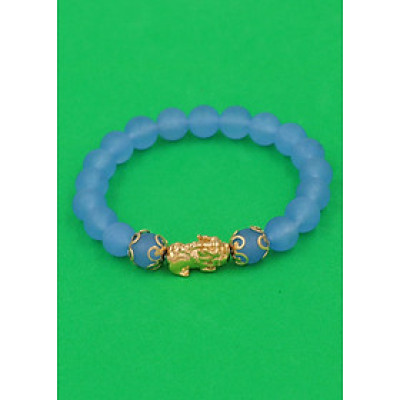 Vòng đeo tay Thạch Anh Xanh Biển Mờ 8 ly - cẩn Tỳ Hưu Phong Thủy inox vàng VTAXBMTHHKV8 - hợp mệnh Mộc, mệnh Thủy