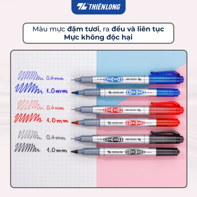 Combo 5/10/20 Bút lông dầu 2 đầu bút Thiên Long PM-04 bám dính tốt trên các vật liệu: Giấy, gỗ,nhựa, thủy tinh, gốm, sứ