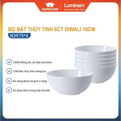 Bát tô/Bộ 6 bát tô thủy tinh Luminarc Diwali 18cm N3975*6, dùng lò vi sóng, máy rửa bát