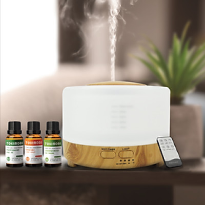 Combo 3 Chai Tinh Dầu TOKI MORI Sả Chanh + Cam Ngọt + Bạc Hà kèm Máy Xông Tinh Dầu/Máy Khuếch Tán Hình Trụ Vân Gỗ Đèn Led Có Remote Điều Khiển Từ Xa